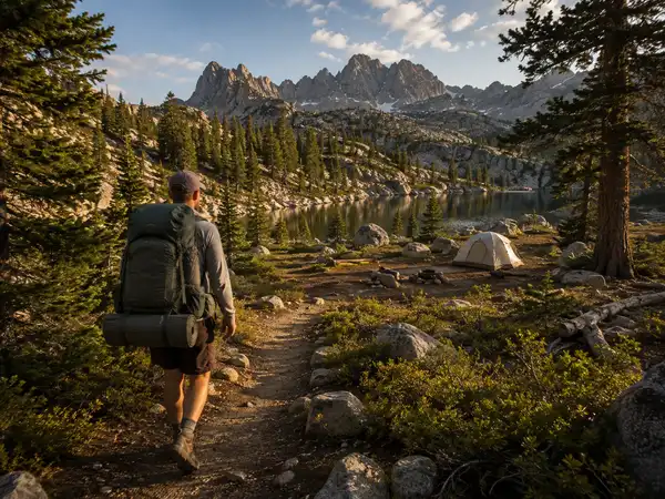 Backpacker exploring a mountain camping route