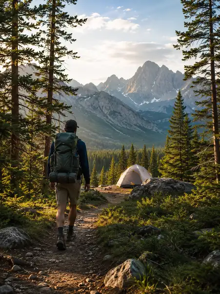 Camper hiking toward a mountain campsite