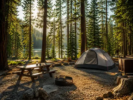 Well-maintained forest campground with a tent